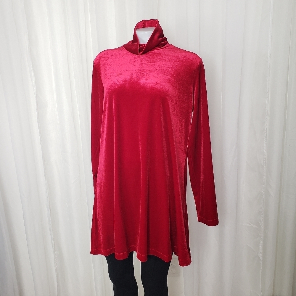Joan Vass red velvet turtleneck tunic top size large